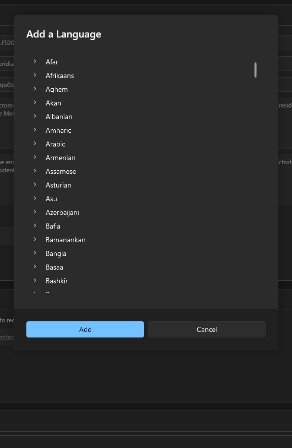 The Add a Language dialog with its list of cultures