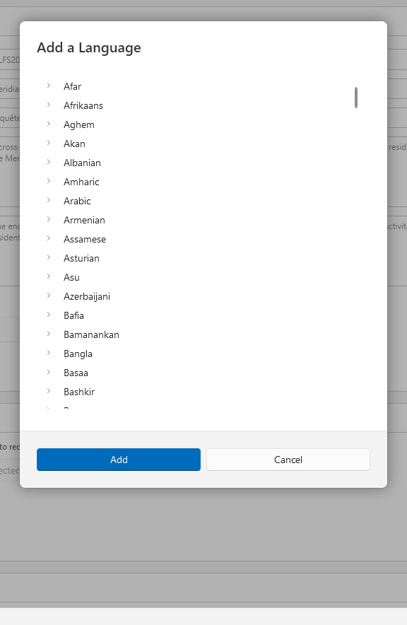 The Add a Language dialog with its list of cultures