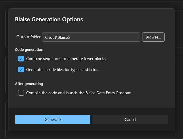 The Blaise Generation Options dialog