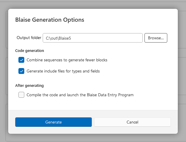 The Blaise Generation Options dialog