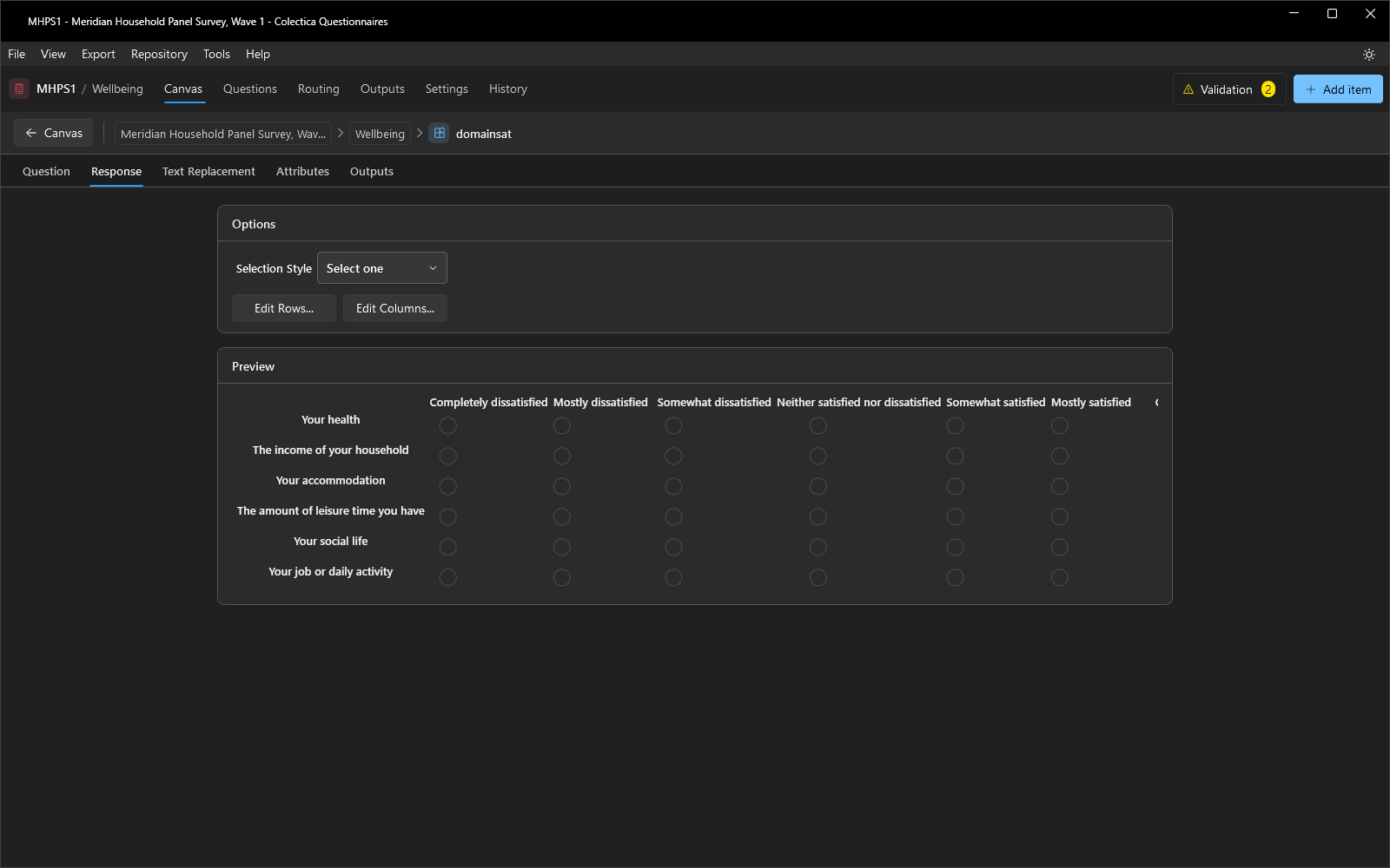 The choice grid response settings with the options and preview cards