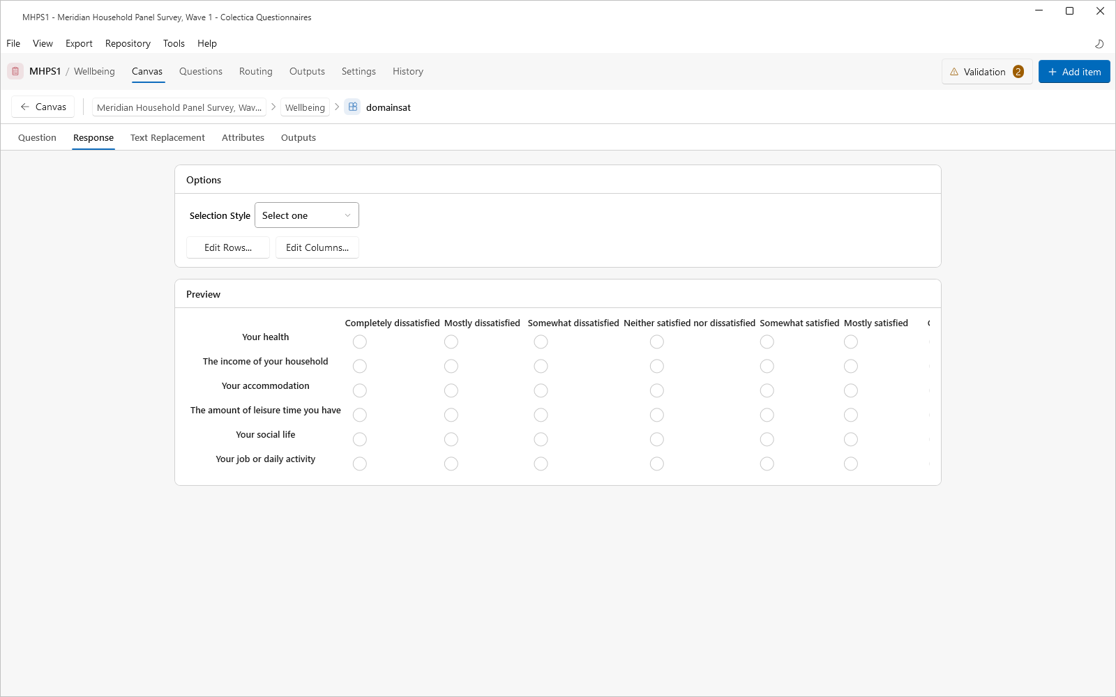 The choice grid response settings with the options and preview cards