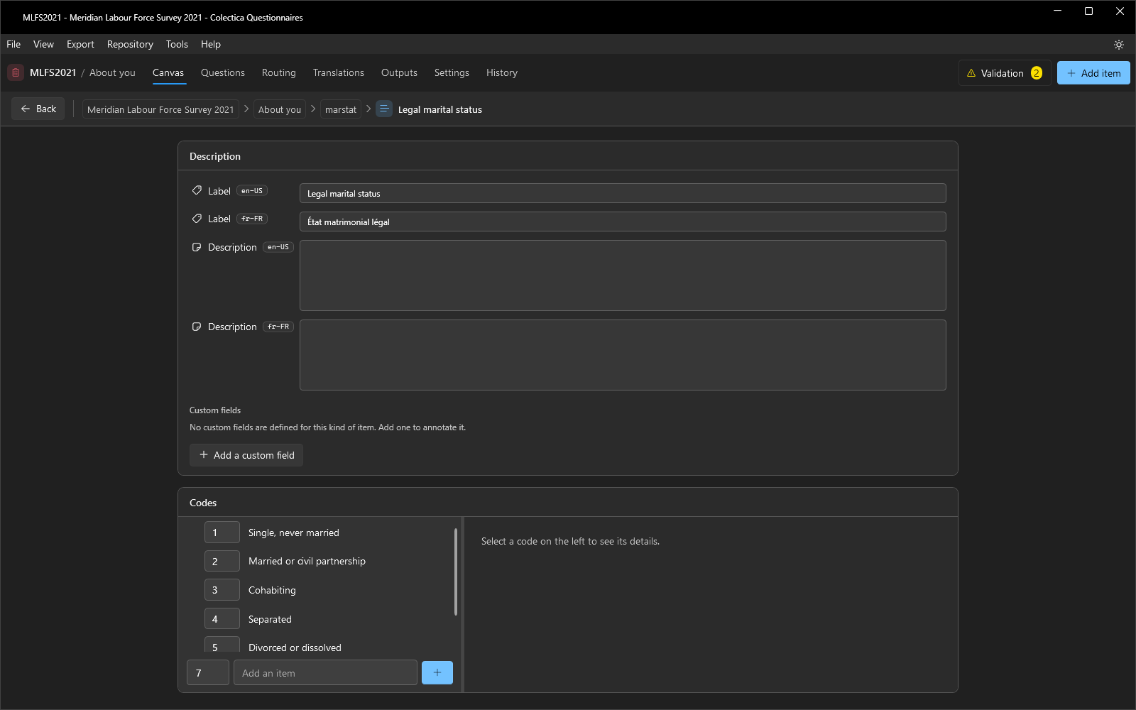 The code list editor page with the codes tree and the detail pane