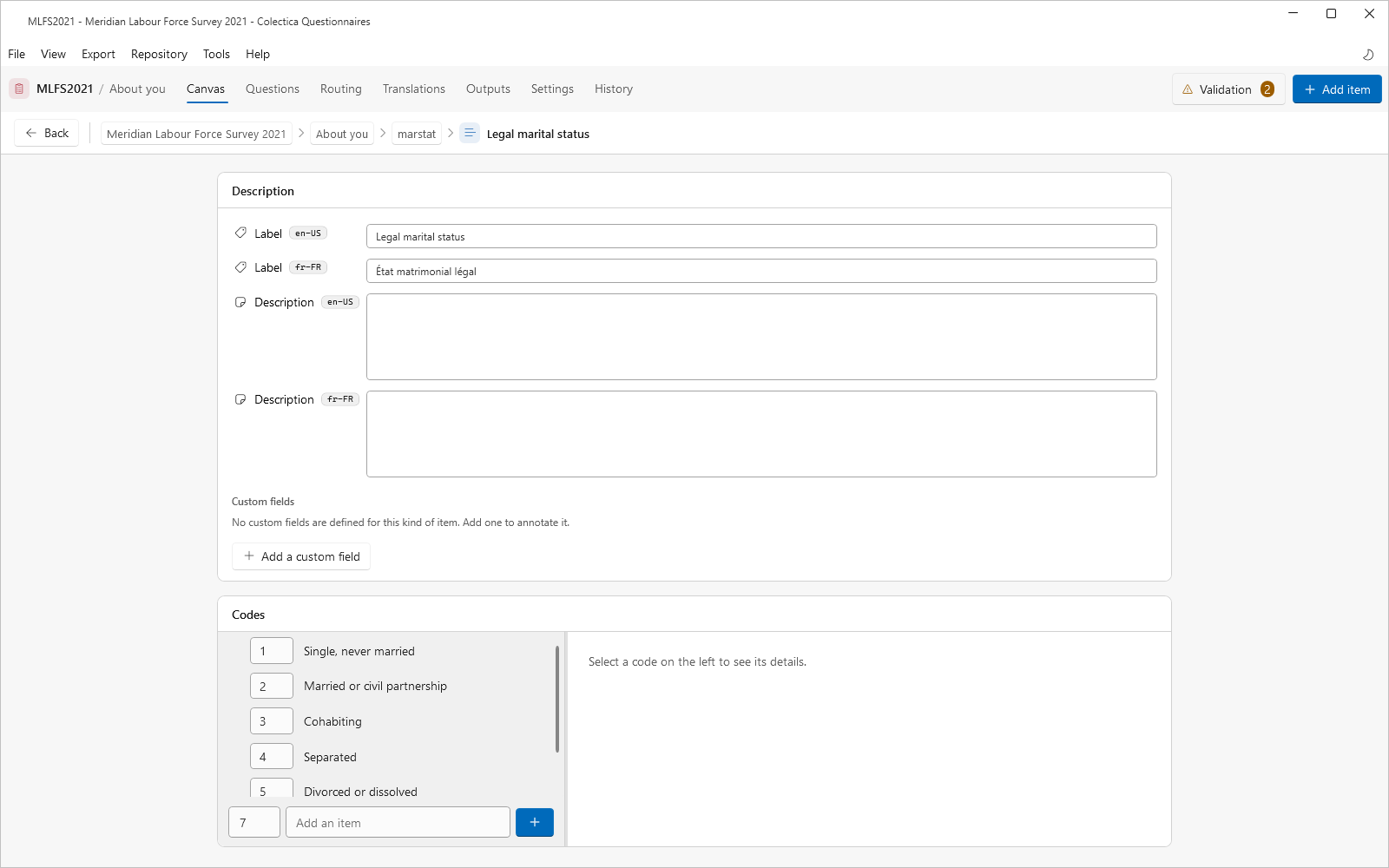 The code list editor page with the codes tree and the detail pane