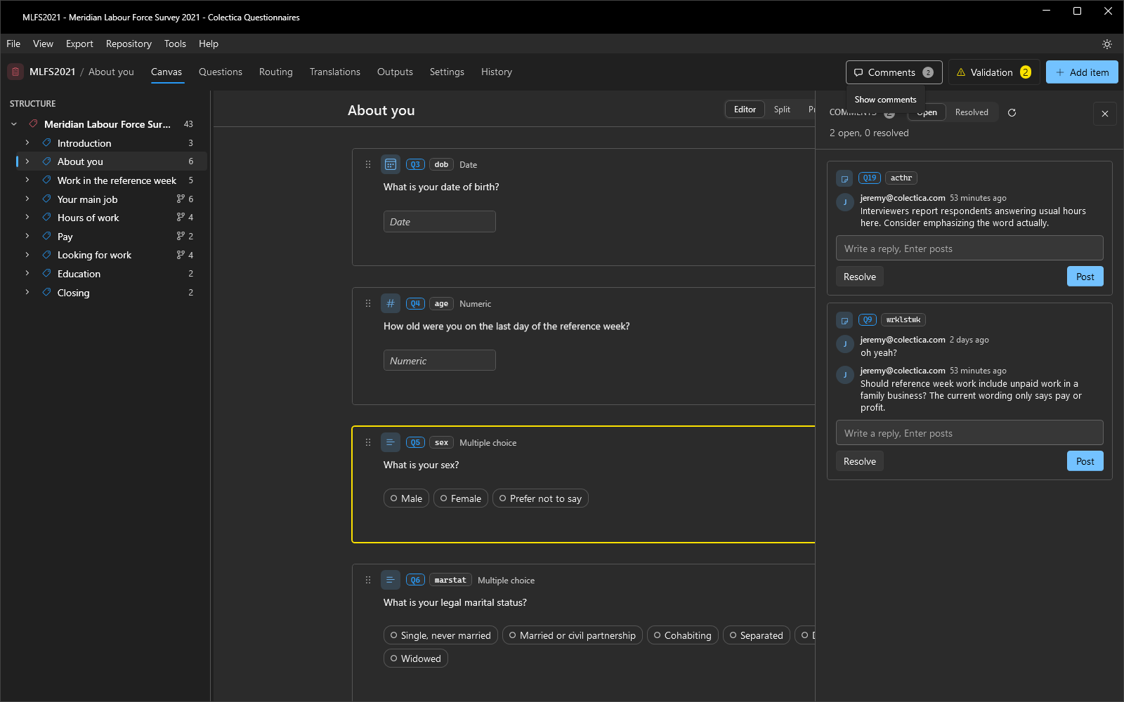 The comments rail with open threads on two questions