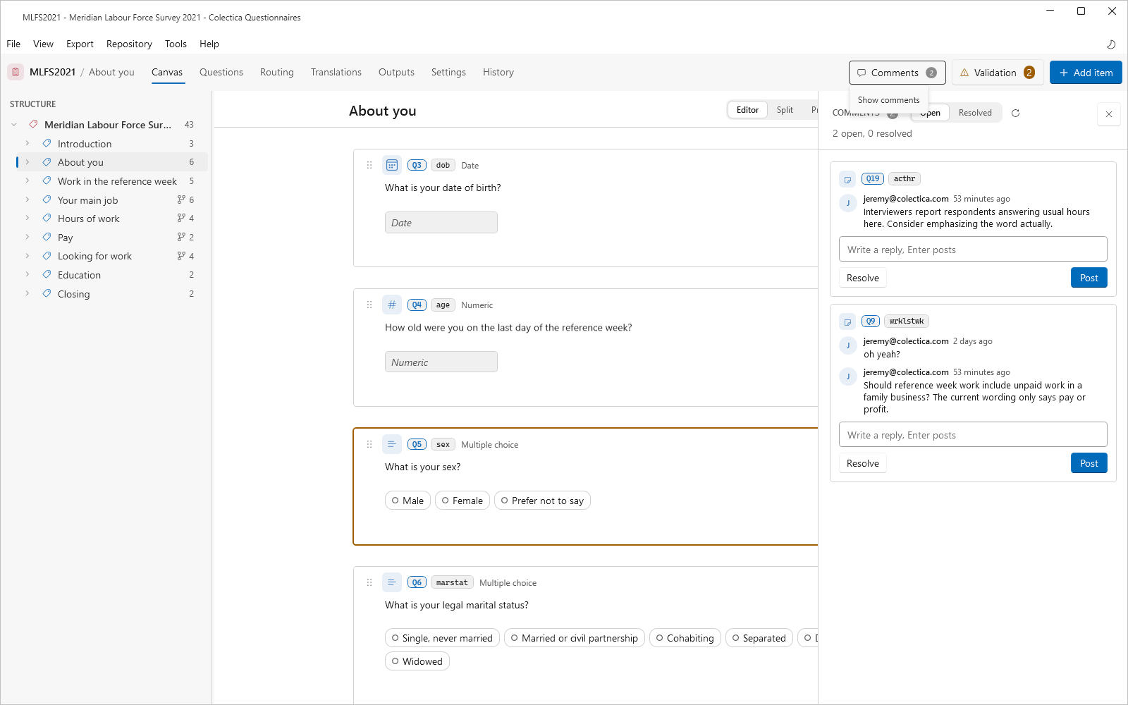 The comments rail with open threads on two questions