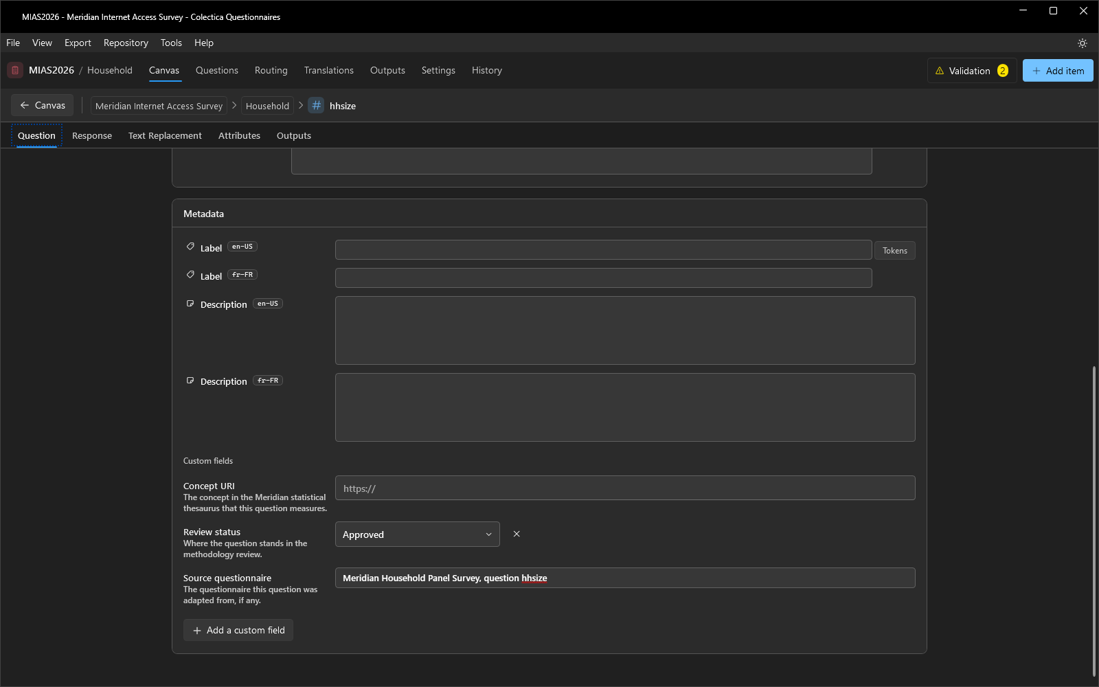 The Custom fields card of a question editor with two values filled in