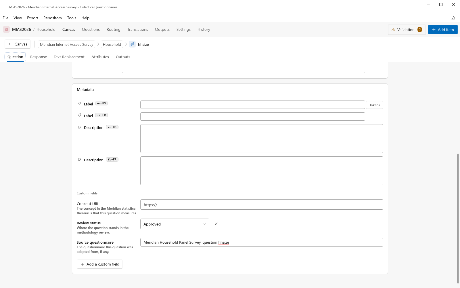 The Custom fields card of a question editor with two values filled in