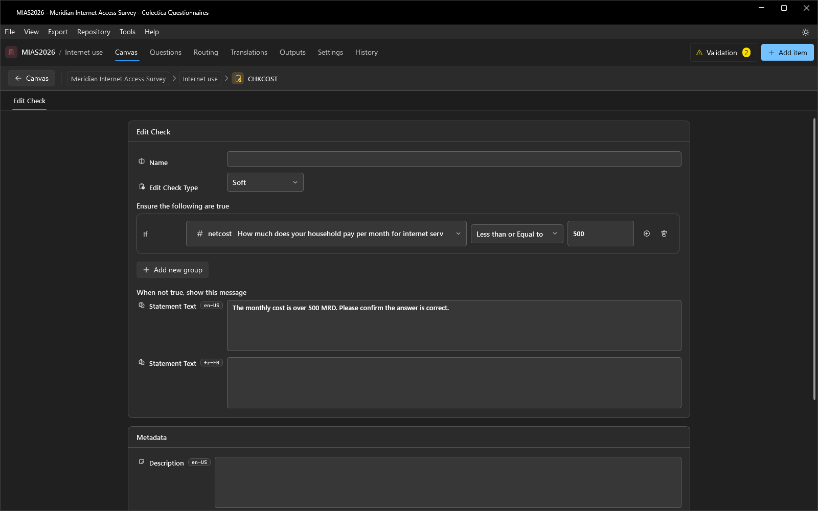 The edit check editor with the expression and failure message