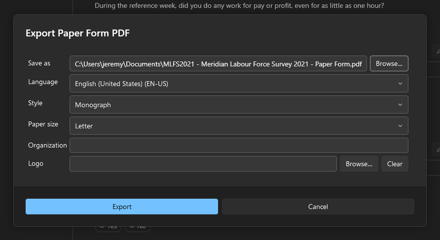 The PDF export options dialog with the language, style, paper size, organization, and logo settings