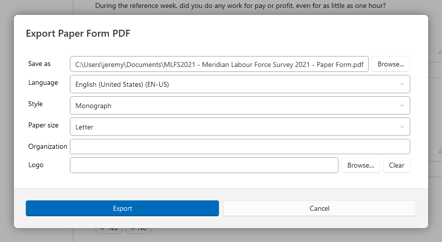 The PDF export options dialog with the language, style, paper size, organization, and logo settings