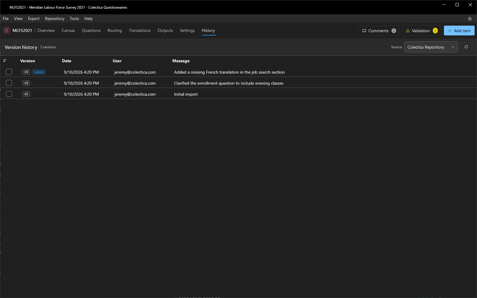 The History page listing versions with dates, users, and messages