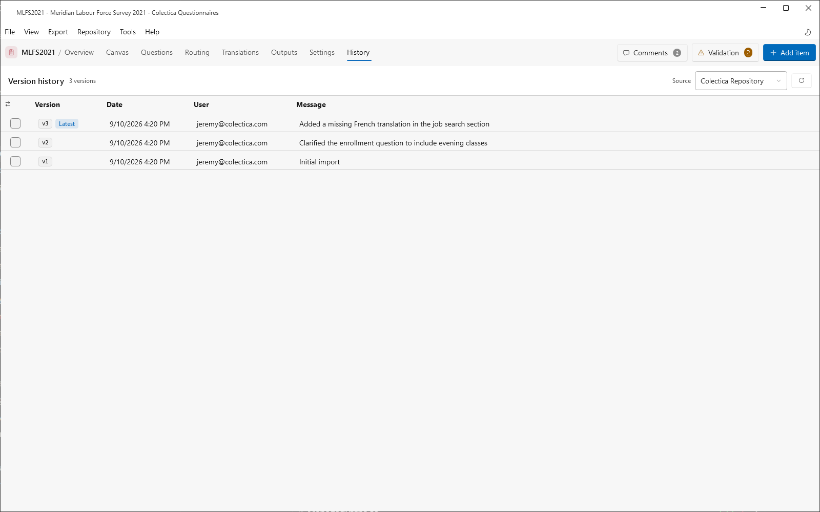 The History page listing versions with dates, users, and messages