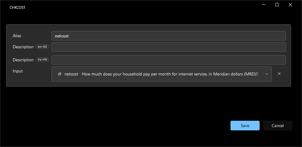 The Inputs dialog binding an item's inputs to earlier answers