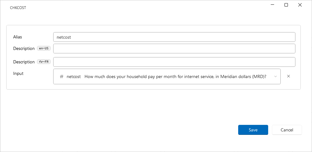 The Inputs dialog binding an item's inputs to earlier answers