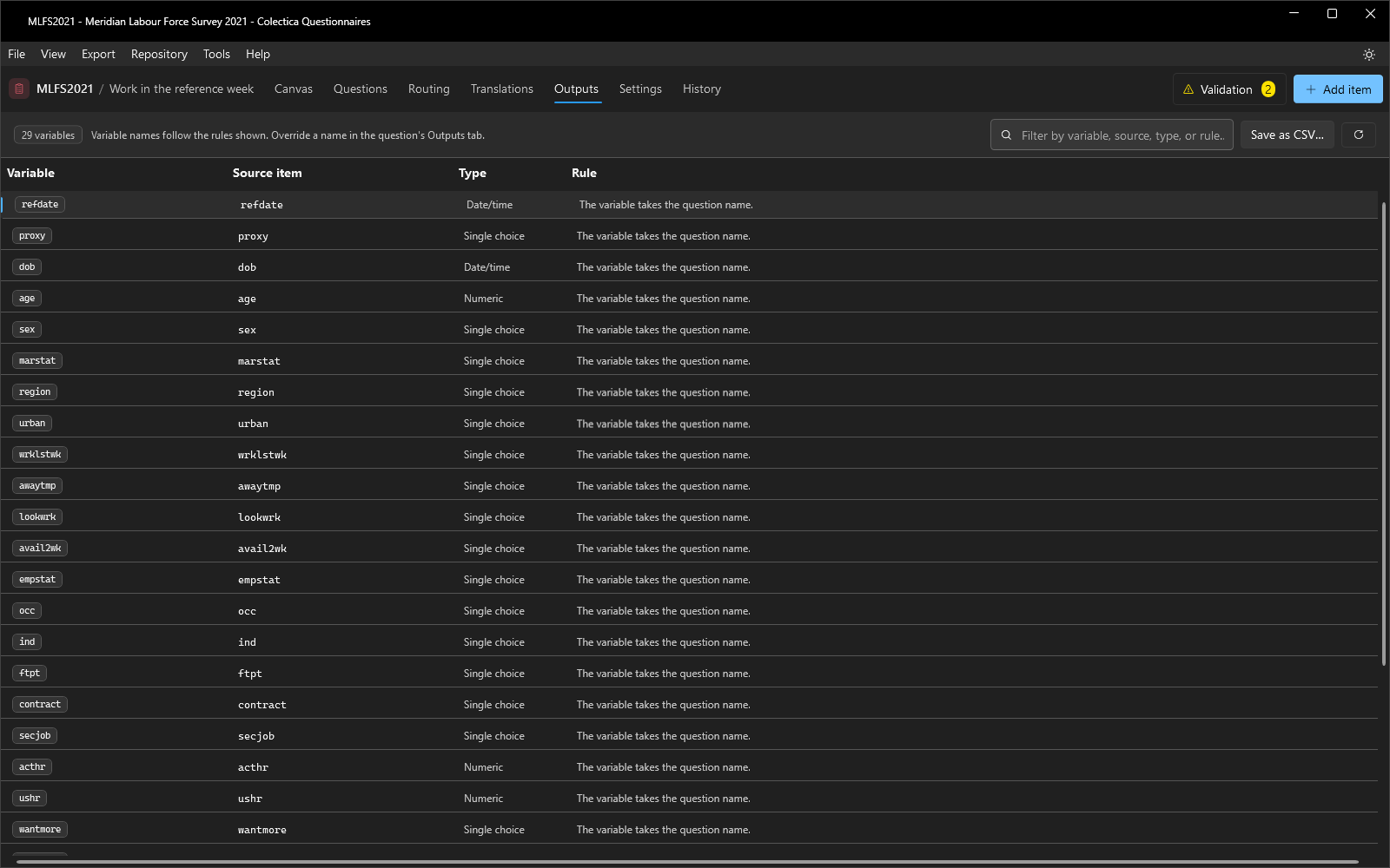 The Outputs page listing every output variable