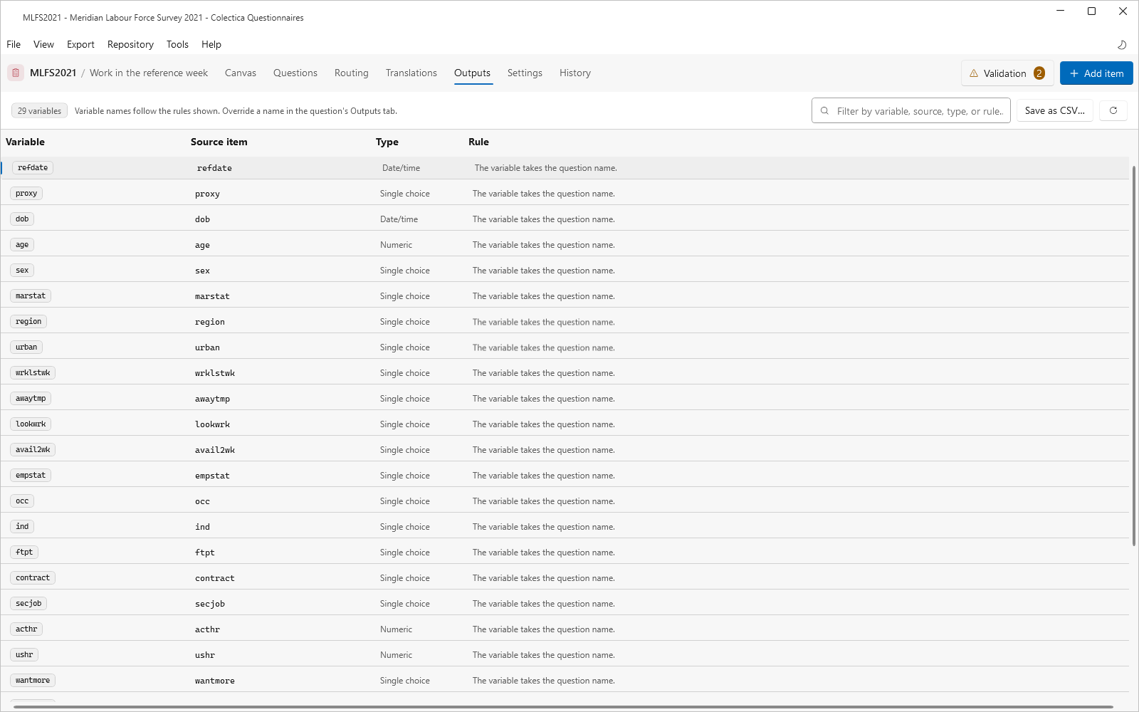 The Outputs page listing every output variable