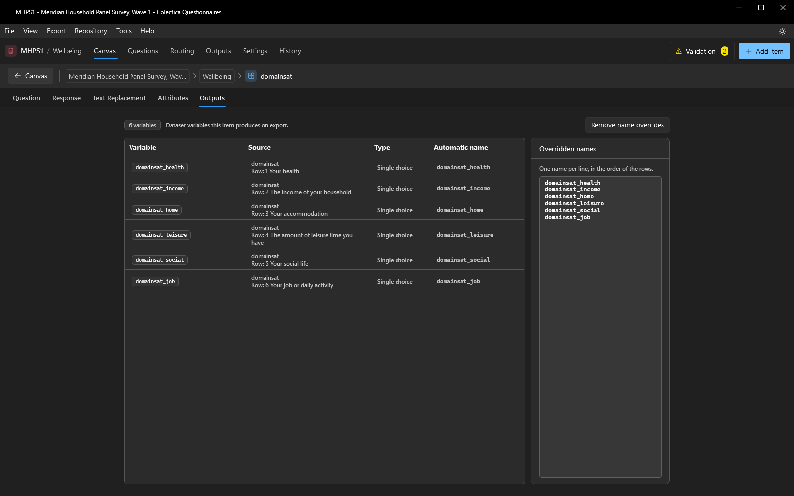 The Outputs tab with the variable table and overridden names
