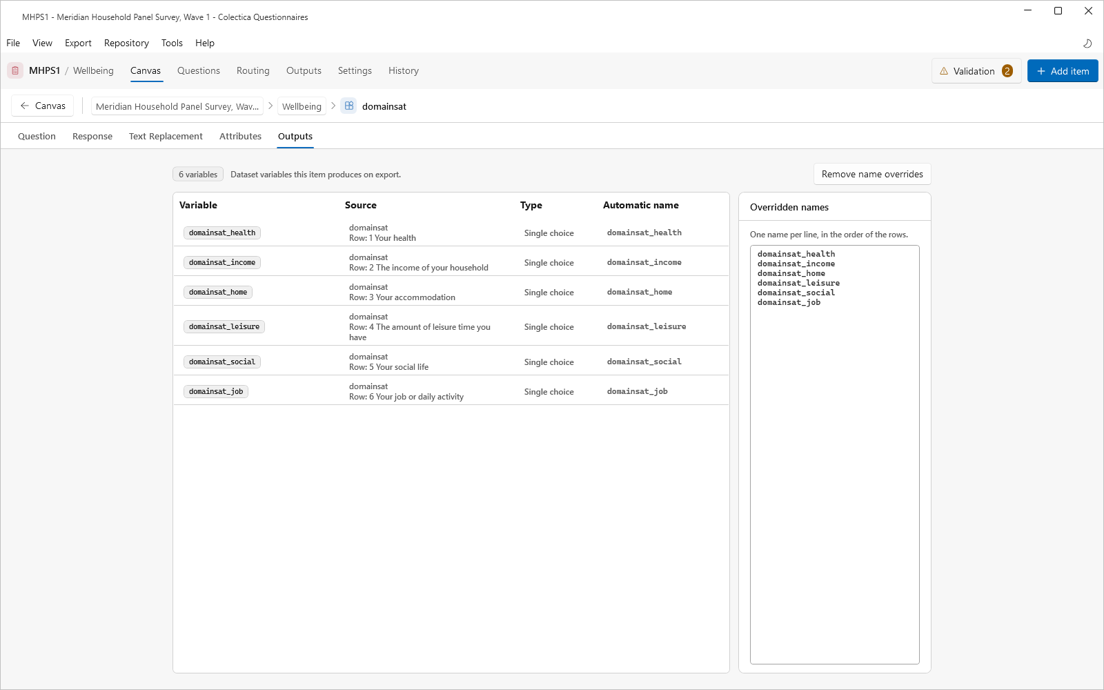 The Outputs tab with the variable table and overridden names