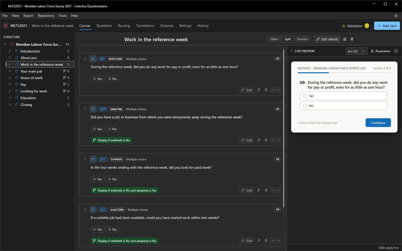 The Canvas in Split mode with editable cards on the left and the respondent preview on the right