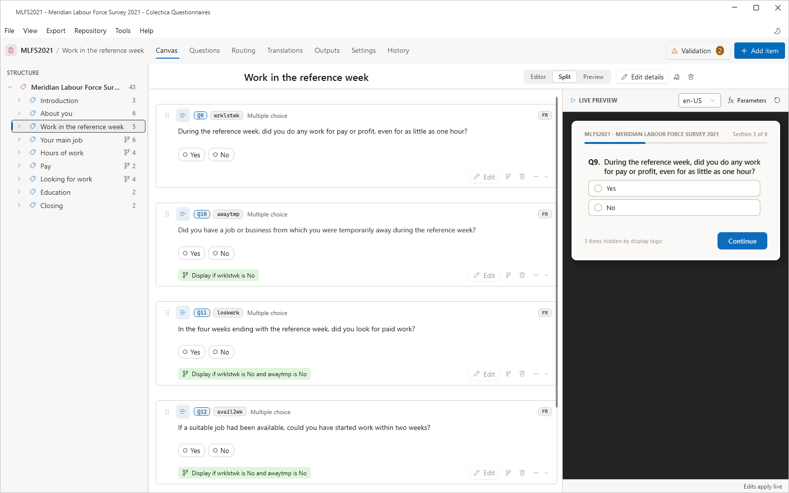 The Canvas in Split mode with editable cards on the left and the respondent preview on the right