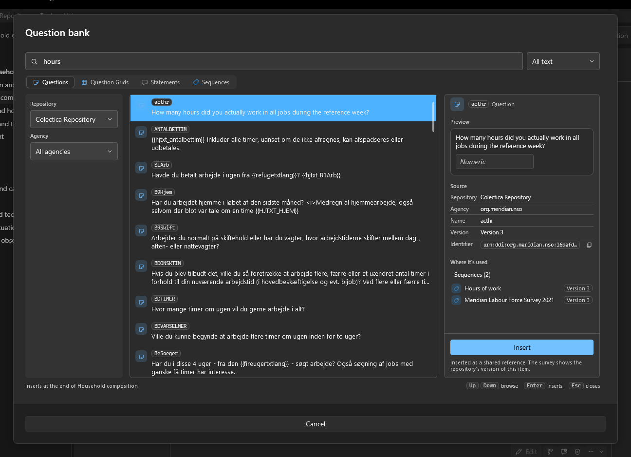 The Question bank with the search box, filters, results, and the detail pane