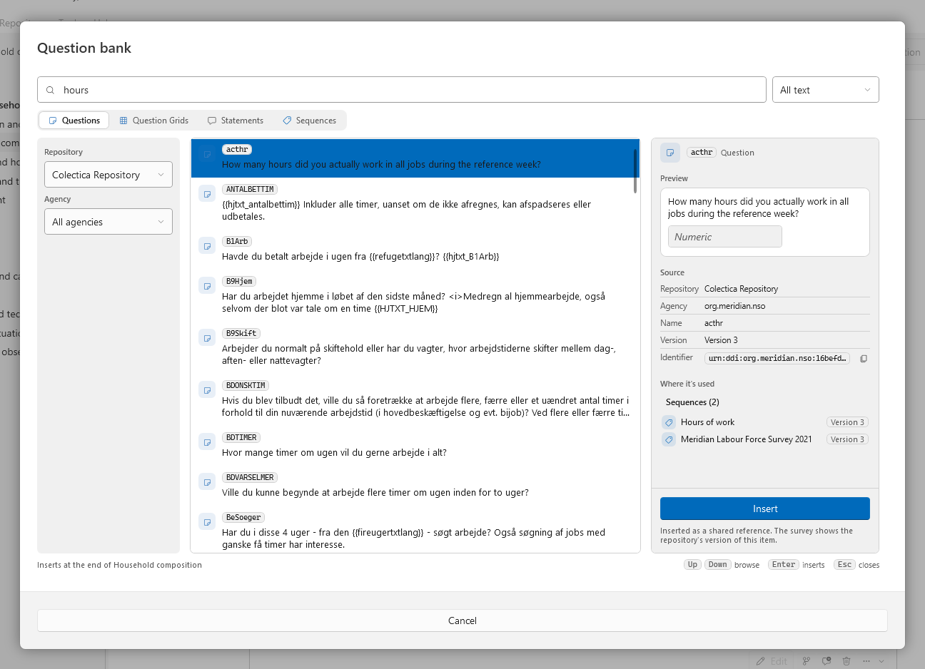 The Question bank with the search box, filters, results, and the detail pane