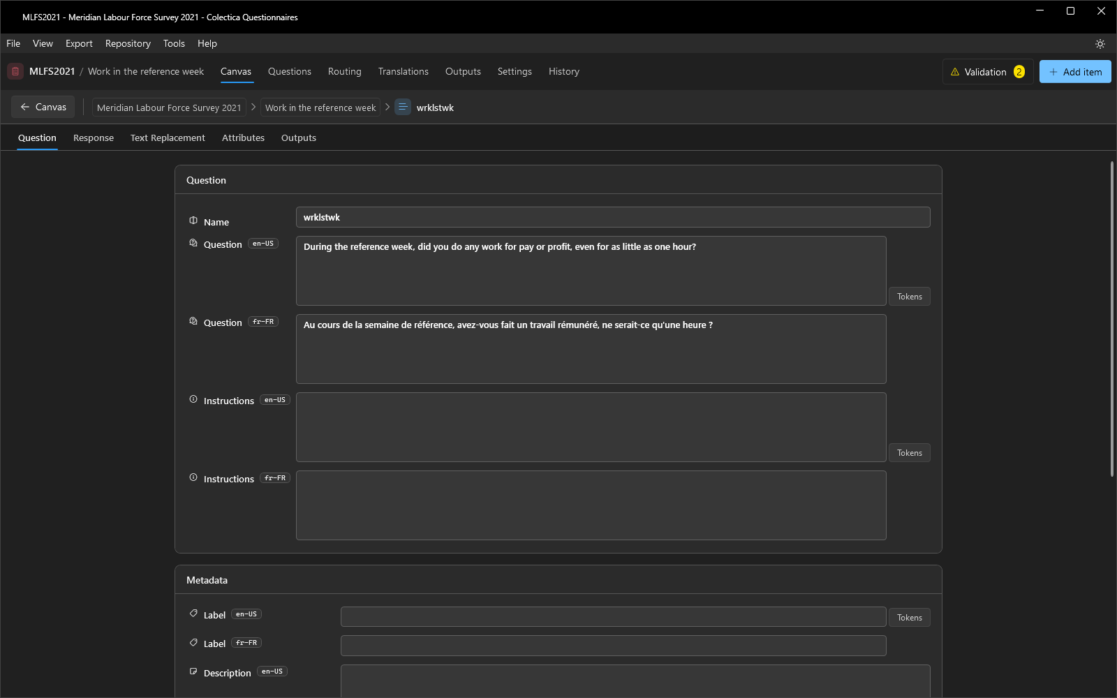 The Question tab with the name, question text, and metadata fields