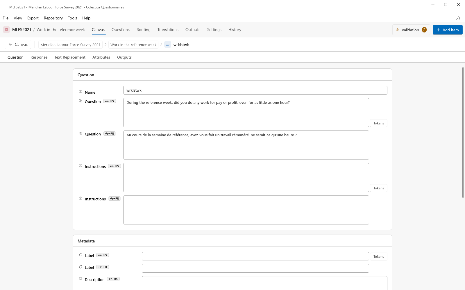 The Question tab with the name, question text, and metadata fields