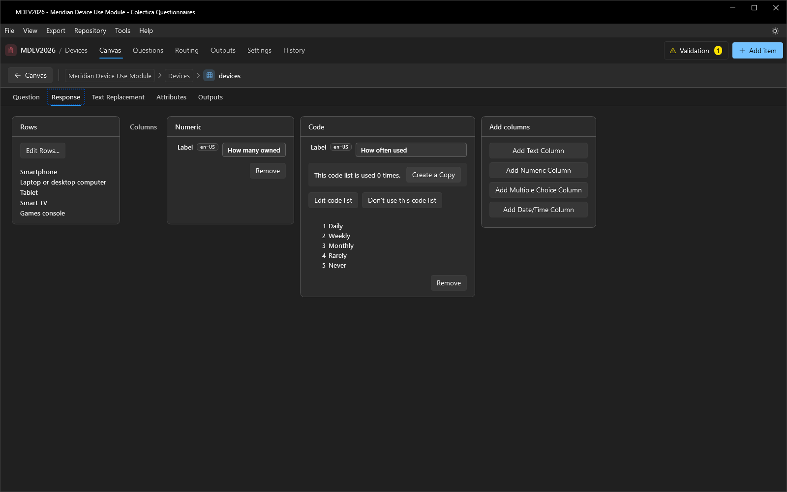 The question grid response settings with rows and typed columns