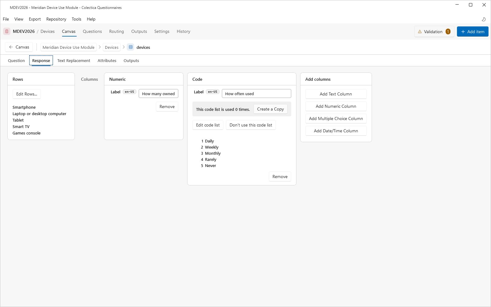 The question grid response settings with rows and typed columns