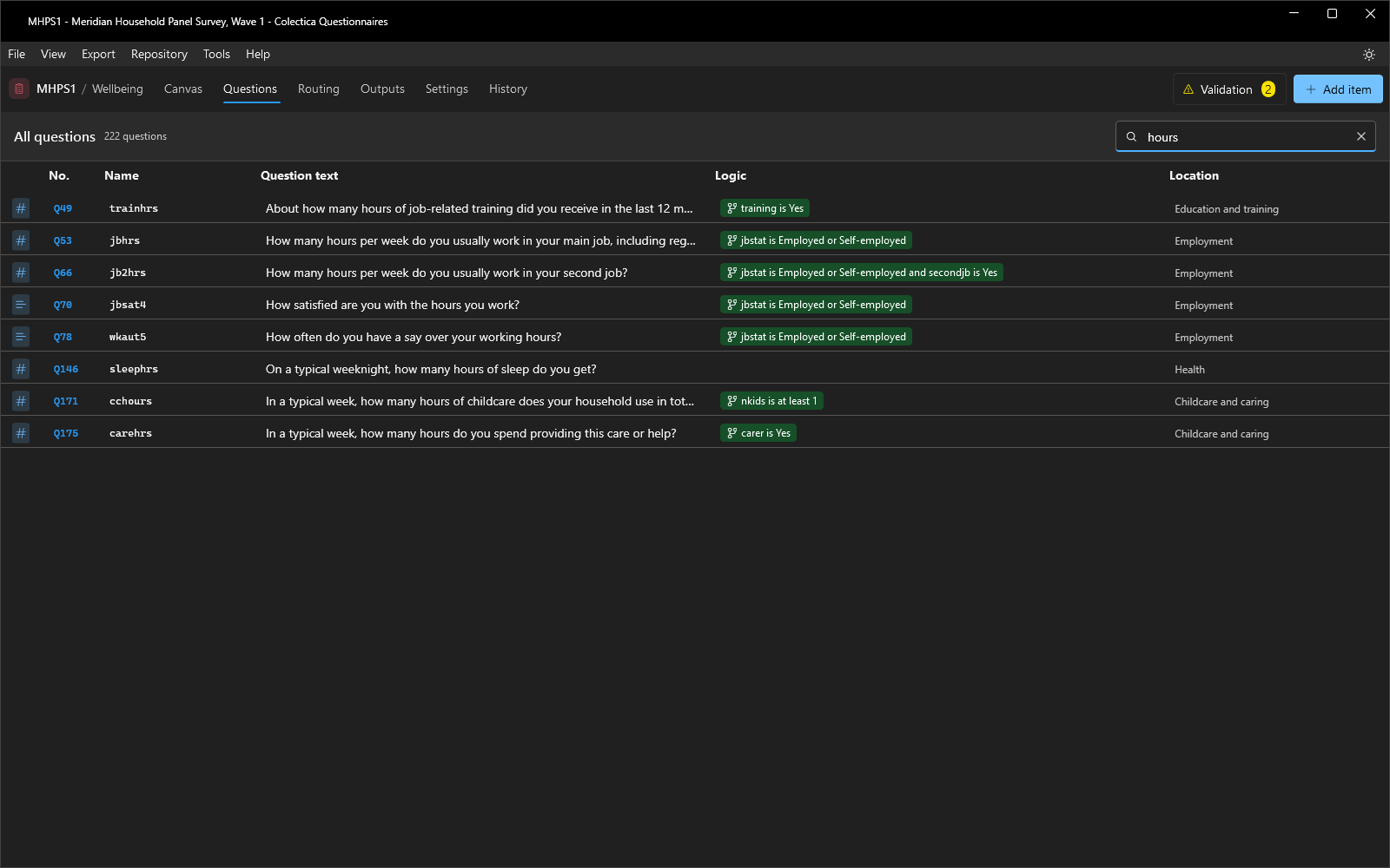 The Questions page listing every question with its logic and location