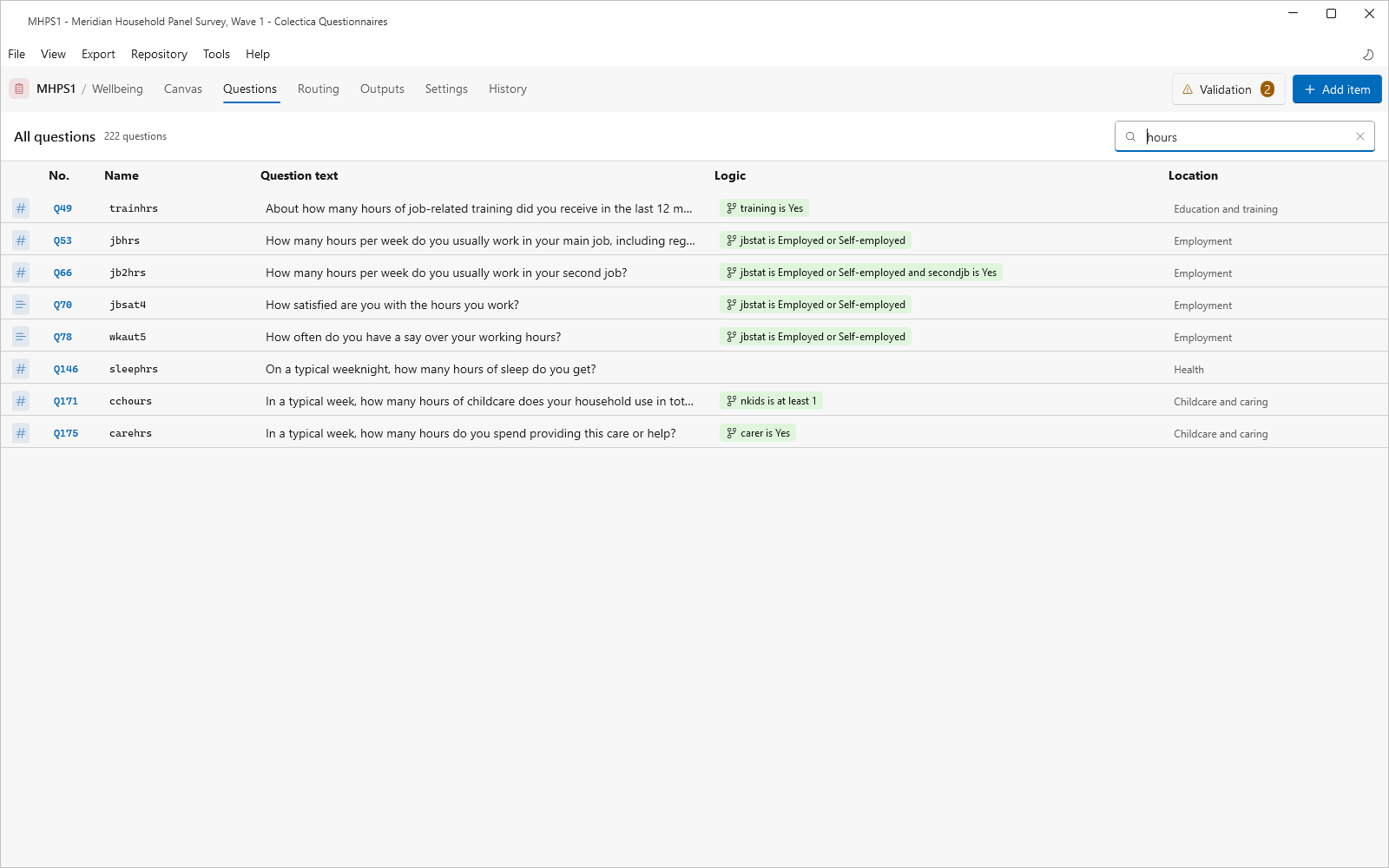 The Questions page listing every question with its logic and location