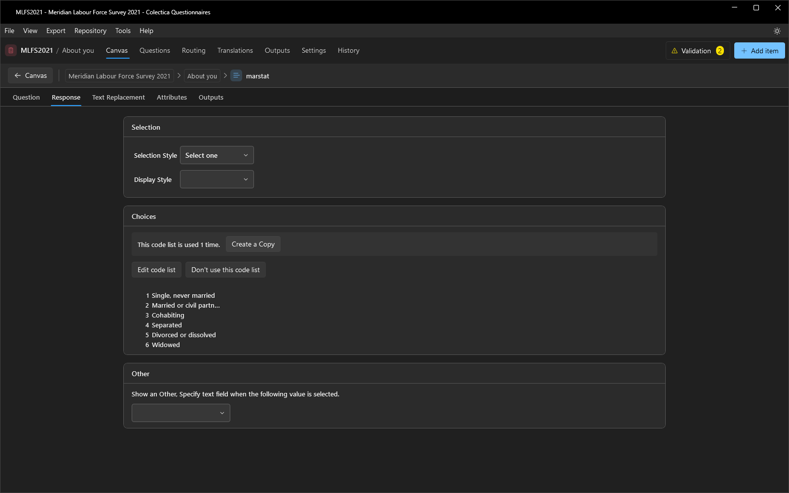 The multiple choice response settings with the selection, choices, and other cards