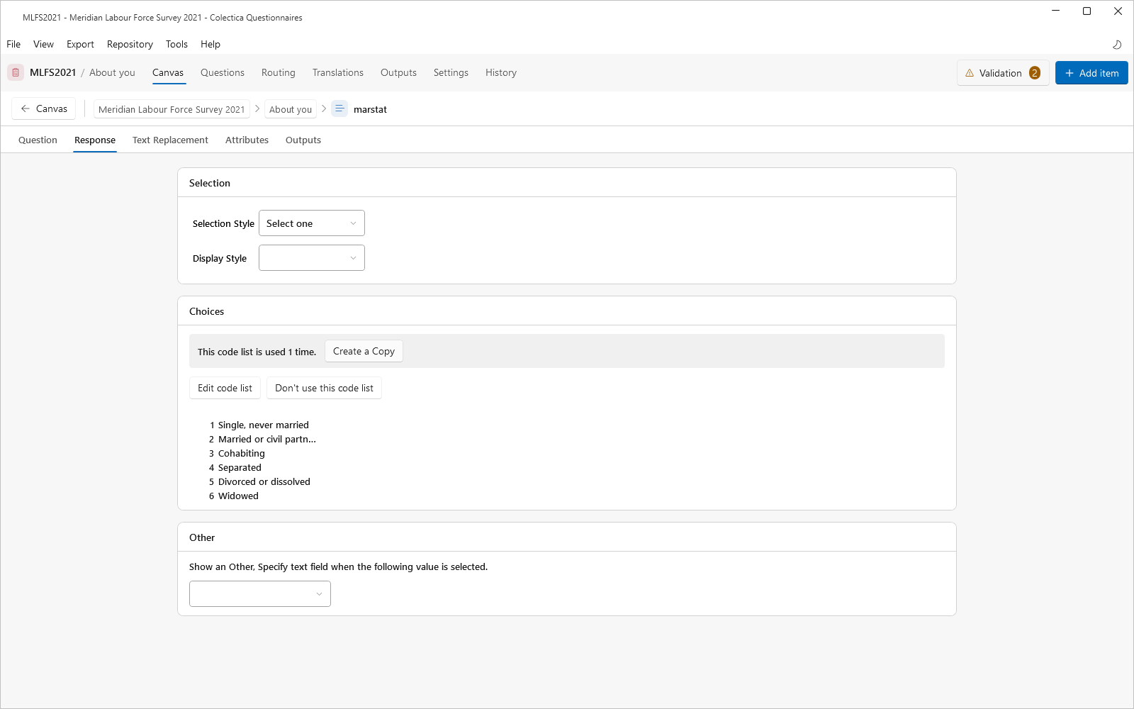 The multiple choice response settings with the selection, choices, and other cards