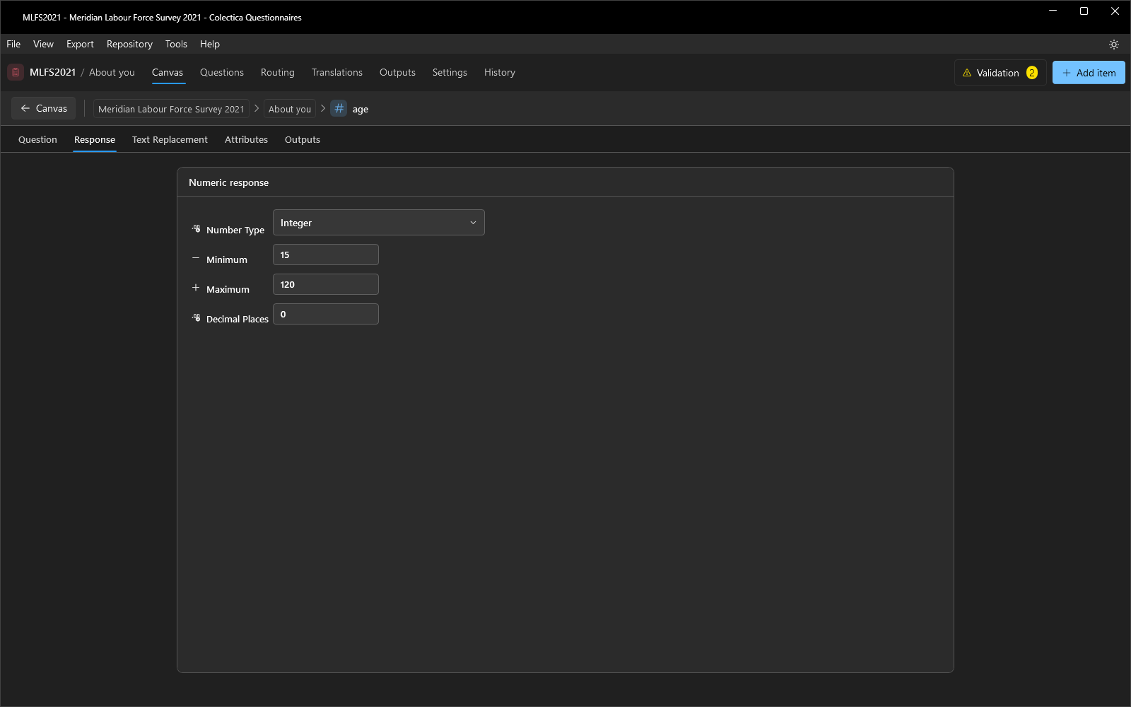 The numeric response settings