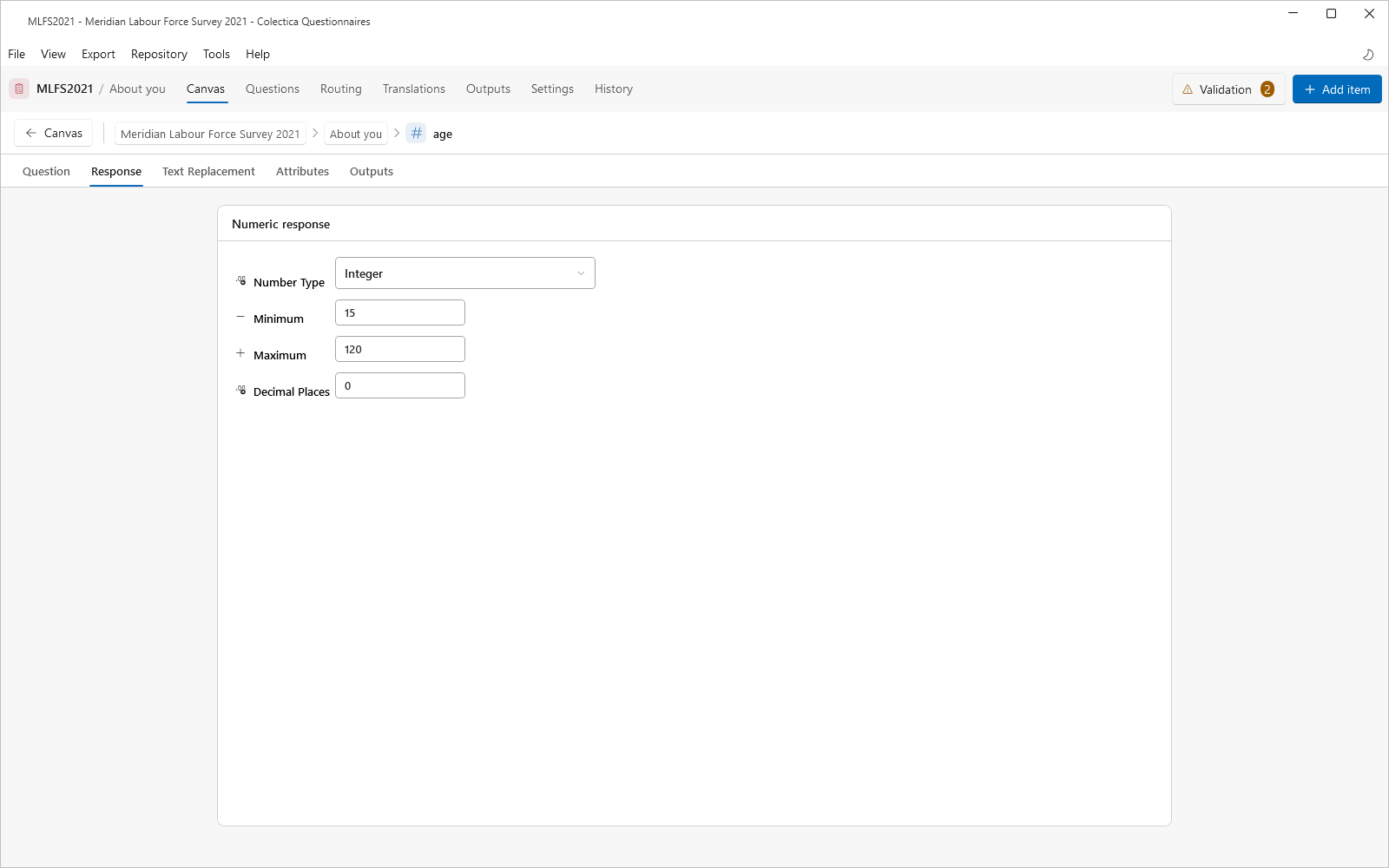 The numeric response settings