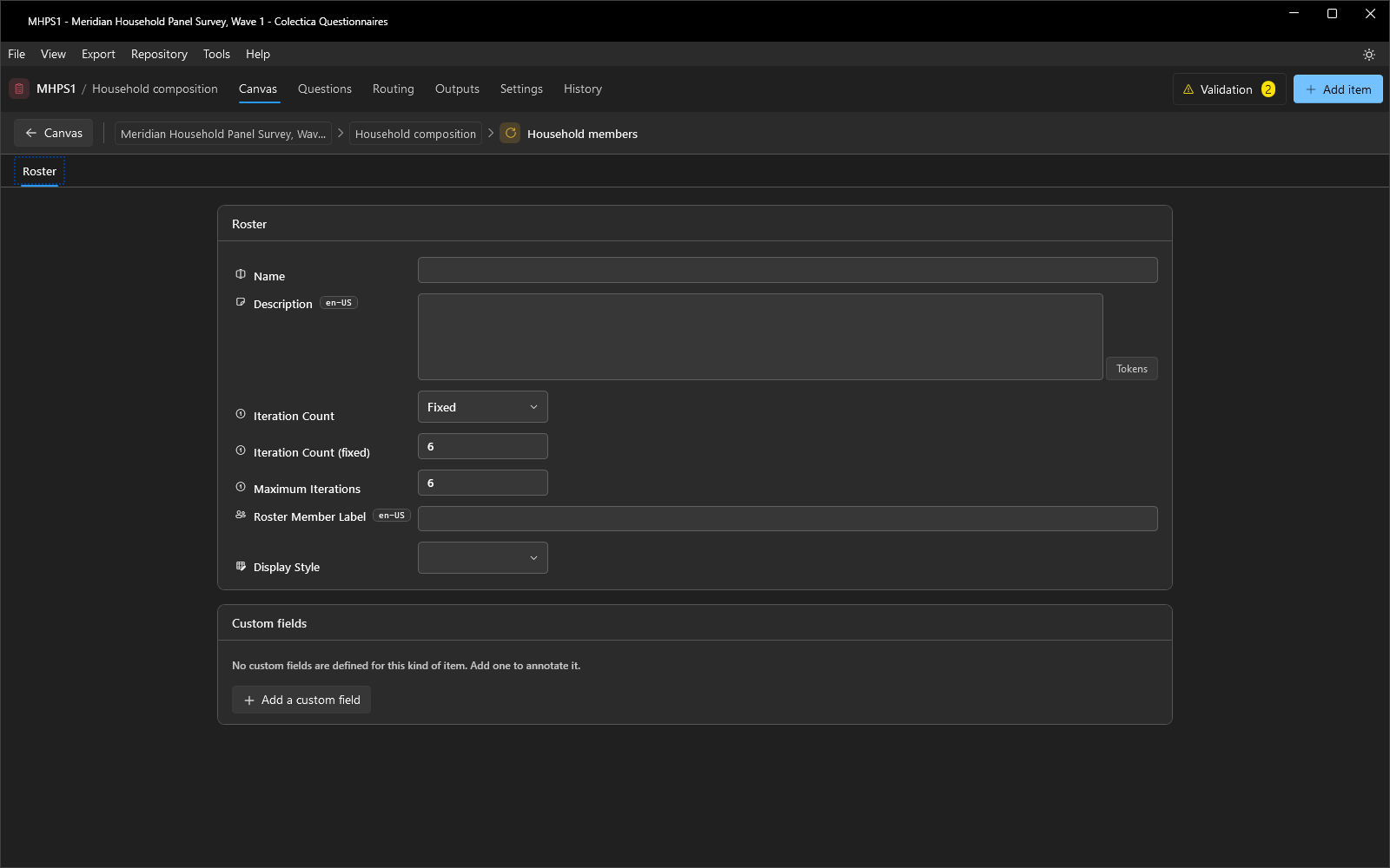 The roster editor with the iteration settings