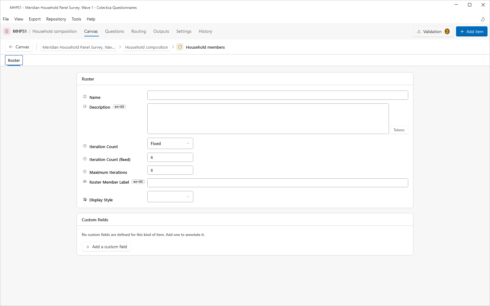 The roster editor with the iteration settings