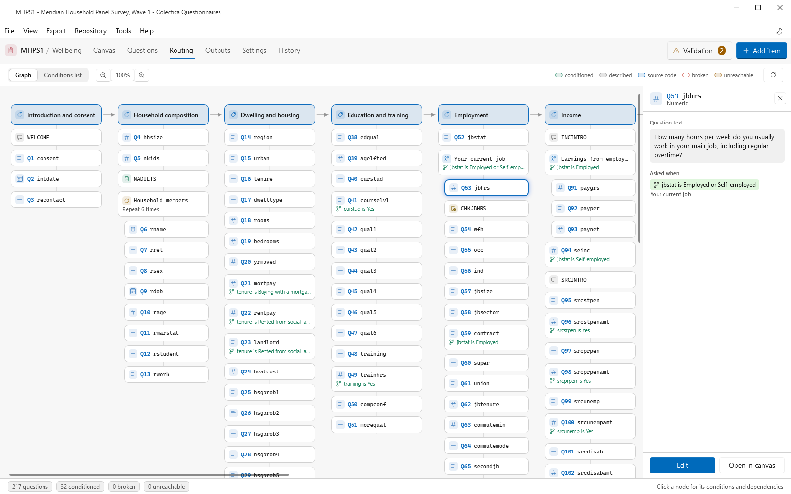 The routing page with a node selected and its detail panel open