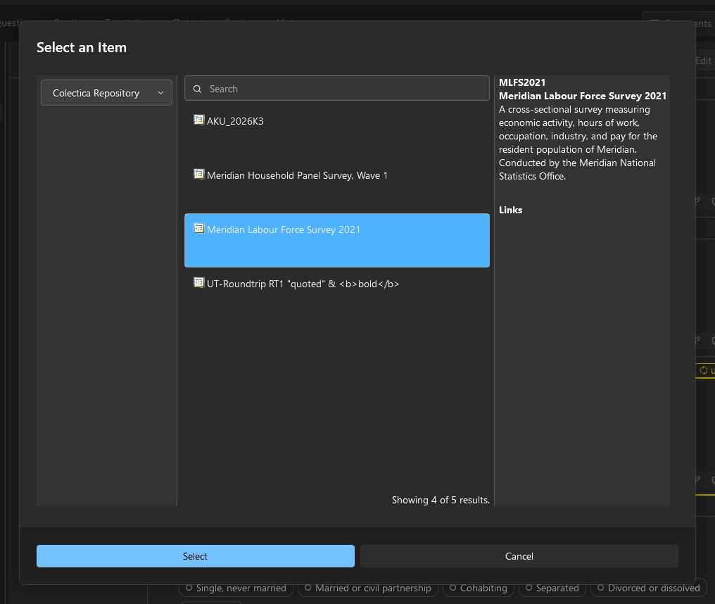 The Select an Item dialog listing a repository's surveys with one selected