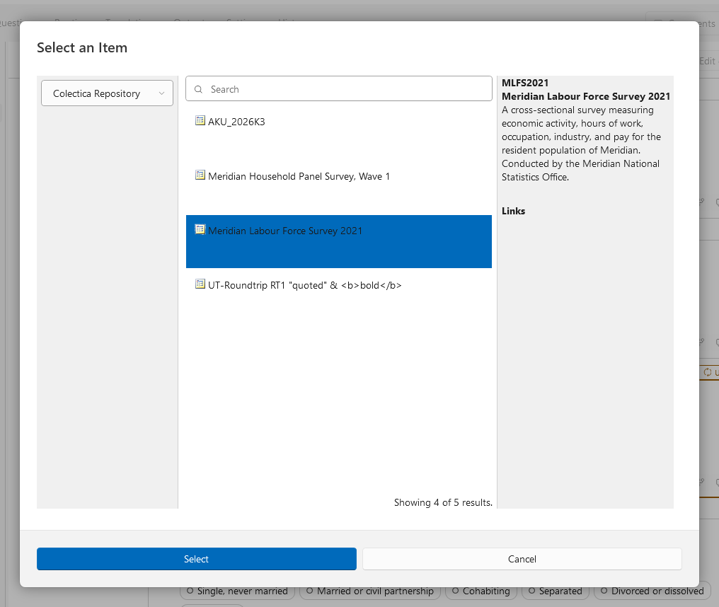The Select an Item dialog listing a repository's surveys with one selected