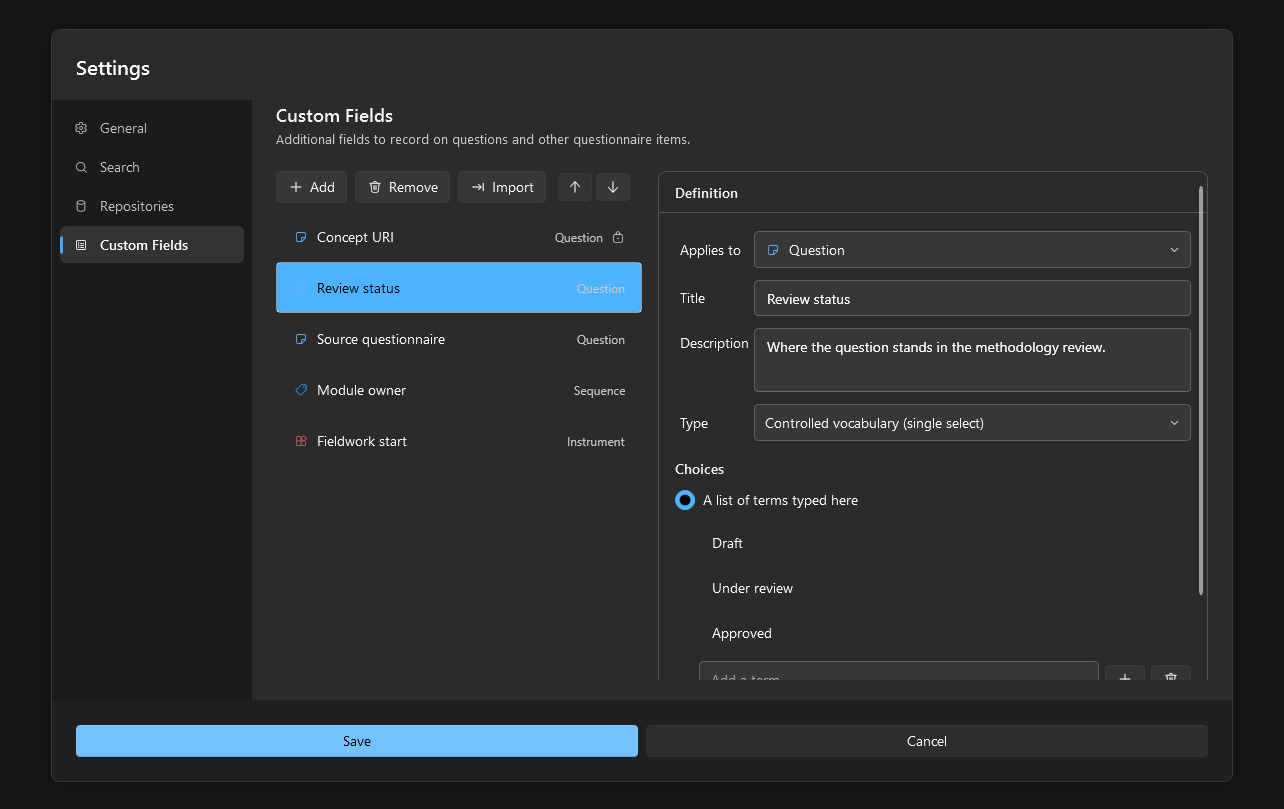 The Custom Fields section of the Settings dialog with a controlled vocabulary definition selected