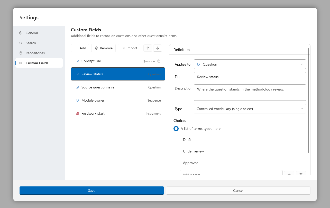 The Custom Fields section of the Settings dialog with a controlled vocabulary definition selected
