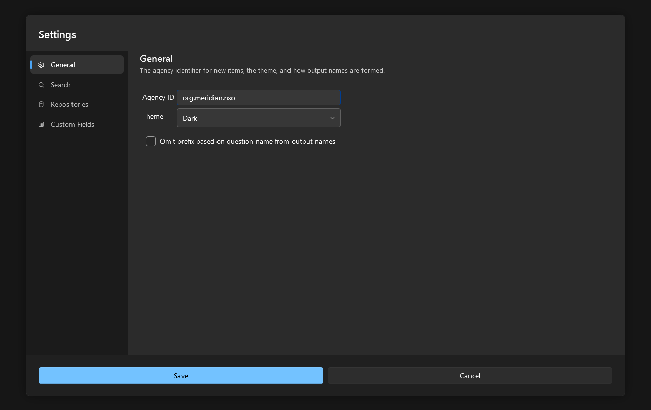 The General section of the Settings dialog with the Agency ID, Theme, and output name settings