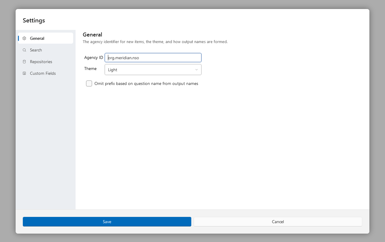 The General section of the Settings dialog with the Agency ID, Theme, and output name settings