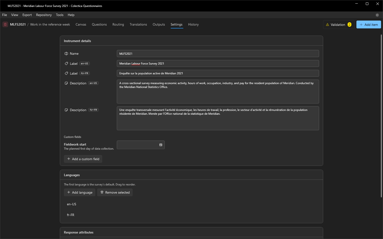 The Settings page with the instrument details, languages, and response attribute cards