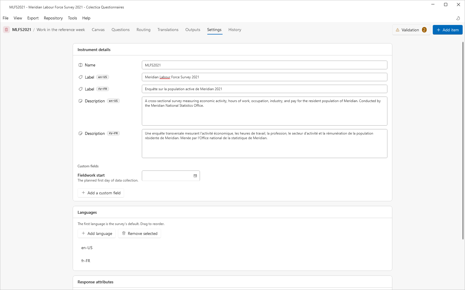 The Settings page with the instrument details, languages, and response attribute cards