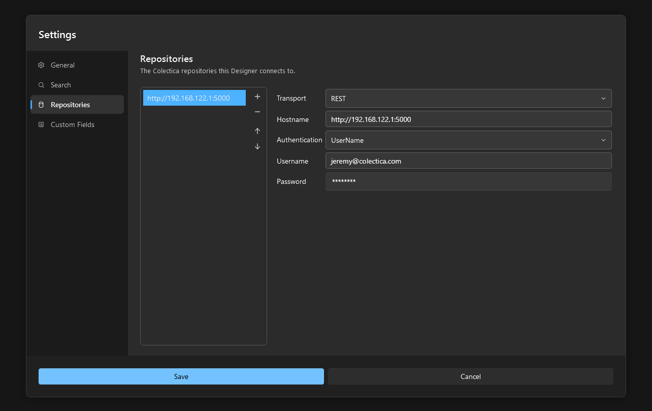 The Repositories section of the Settings dialog with a connection selected and its fields shown