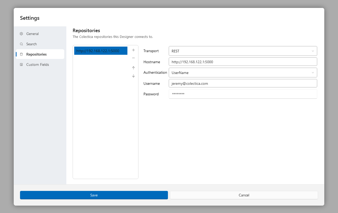 The Repositories section of the Settings dialog with a connection selected and its fields shown